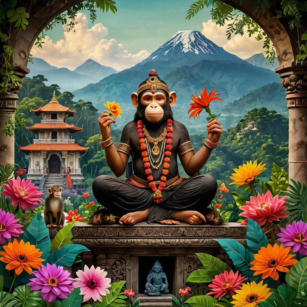 A beautifully illustrated scene showcasing various Indian folklore characters like a wise old sage, a mischievous monkey, and a mystical goddess, all surrounded by lush greenery and vibrant flowers. Overlay traditional motifs and textures to evoke the richness of Indian culture, with a scenic backdrop of ancient temples and mountains. Include elements like scrolls and quills to symbolize literature and blogging. vibrant colors. 3D.