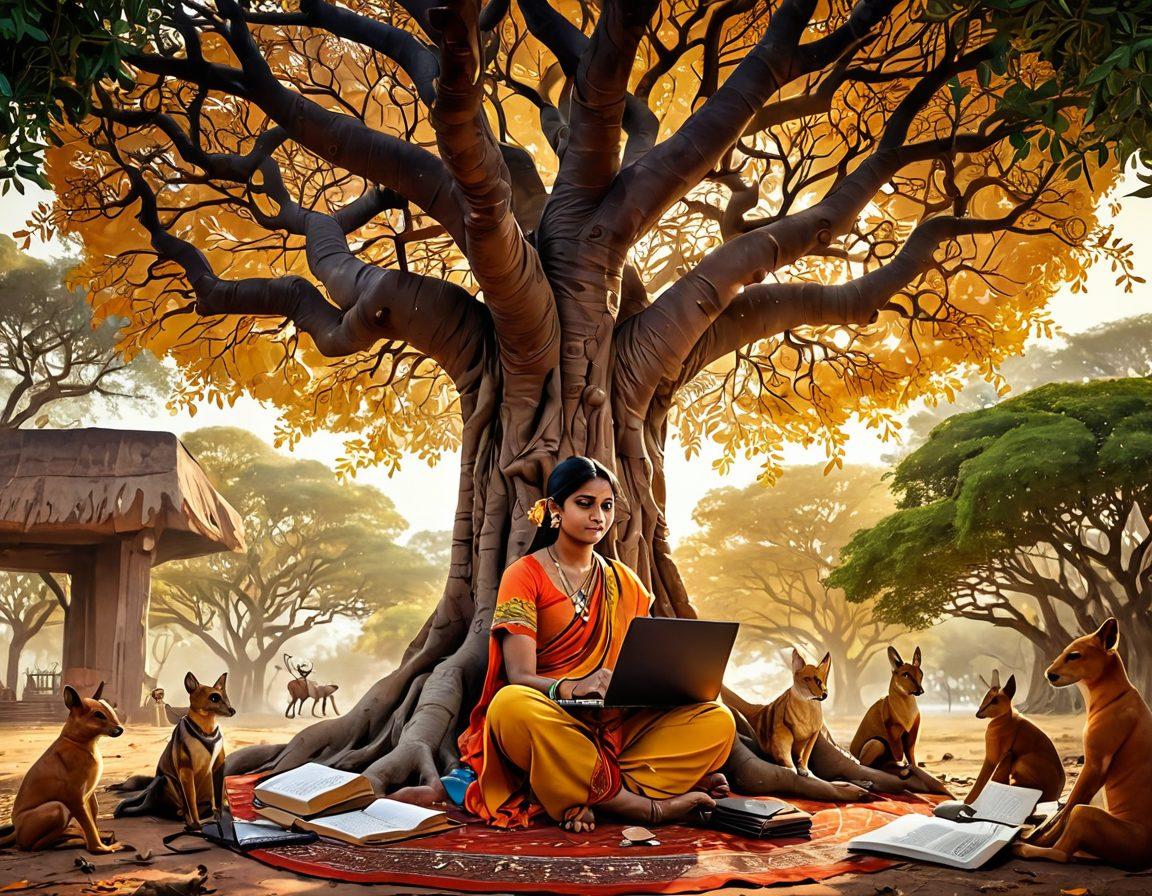 A vibrant collage showcasing the transition from traditional Indian tales, with a wise storyteller seated under a banyan tree, surrounded by mythical creatures and ancient scripts, gradually blending into a contemporary writer in a cozy space, crafting personal narratives with a laptop. Warm earthy tones meet bright splashes of color to capture the essence of Indian culture. super-realistic. vibrant colors. 3D.