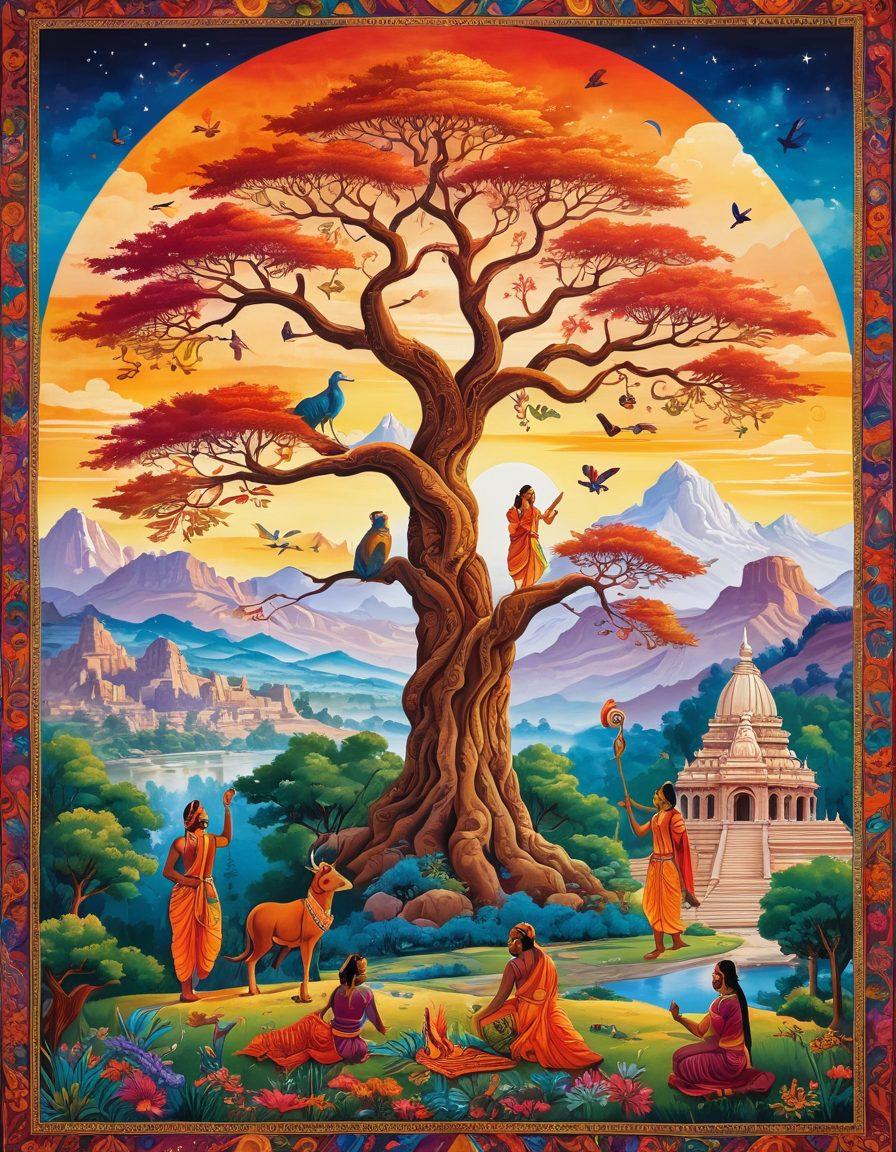 A colorful tapestry depicting various Indian folklore scenes, including mythical creatures, traditional dance forms, and wise storytellers under a tree. The background features vibrant Indian landscapes with mountains and temples, infused with elements of creativity like swirling stories and dreamlike patterns. Warm colors dominate, highlighting the rich cultural heritage. painterly style. vibrant colors. intricate details.
